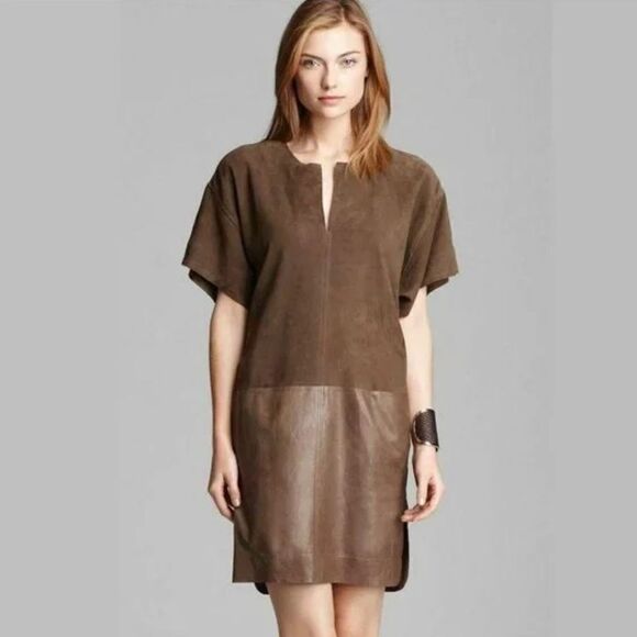 VINCE. Brown Suede Leather Shift Mini Dress Sz L - Picture 1 of 10